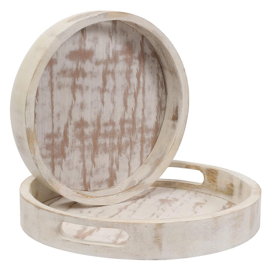 WOoOt White Wooden Round Coffee Table Tray Set of 2 – Decorative Serving Trays for Living Room, Ottoman, Cheese Platter & Fruit Display