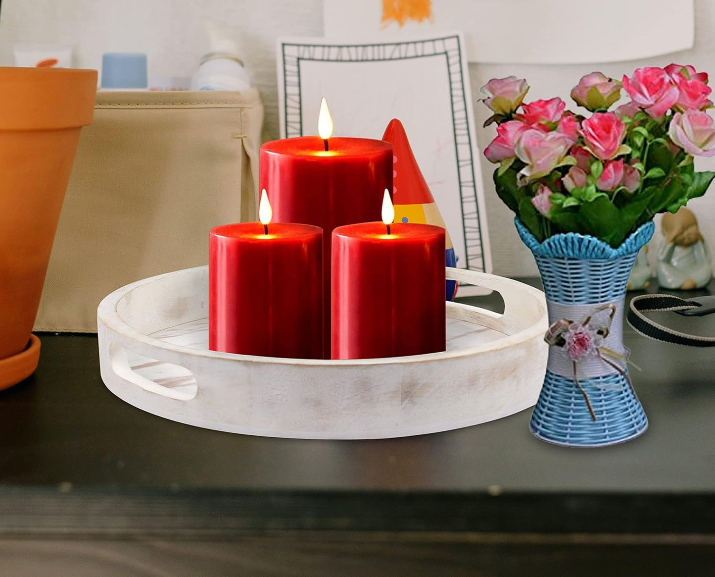 WOoOt White Wooden Round Coffee Table Tray Set of 2 – Decorative Serving Trays for Living Room, Ottoman, Cheese Platter & Fruit Display
