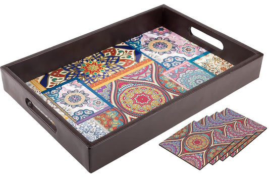 Wooden Serving Tray with 4 Free Coasters – 10x15 Inch MDF Resin Tray Set for Tea, Coffee & Home Décor – Premium Large Tray