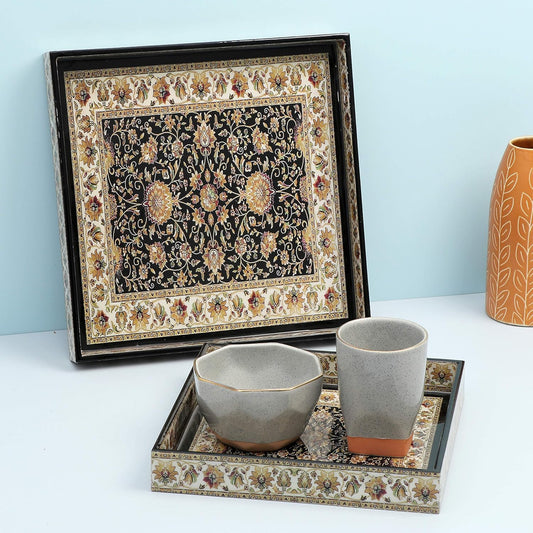 Beoli Set of 2 Square MDF Wood Multipurpose Trays with Enamel Coating, 10x10 & 12x12 Inches (Jamawaar Design)