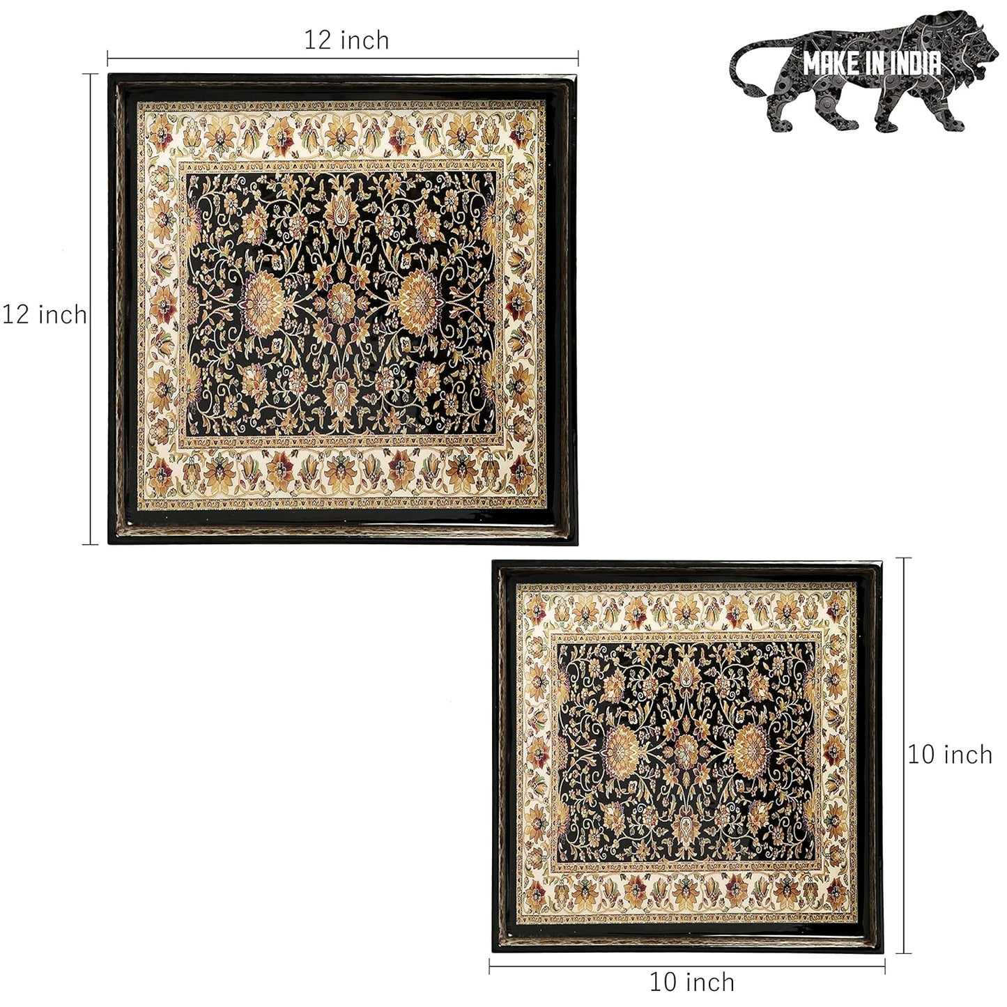 Beoli Set of 2 Square MDF Wood Multipurpose Trays with Enamel Coating, 10x10 & 12x12 Inches (Jamawaar Design)